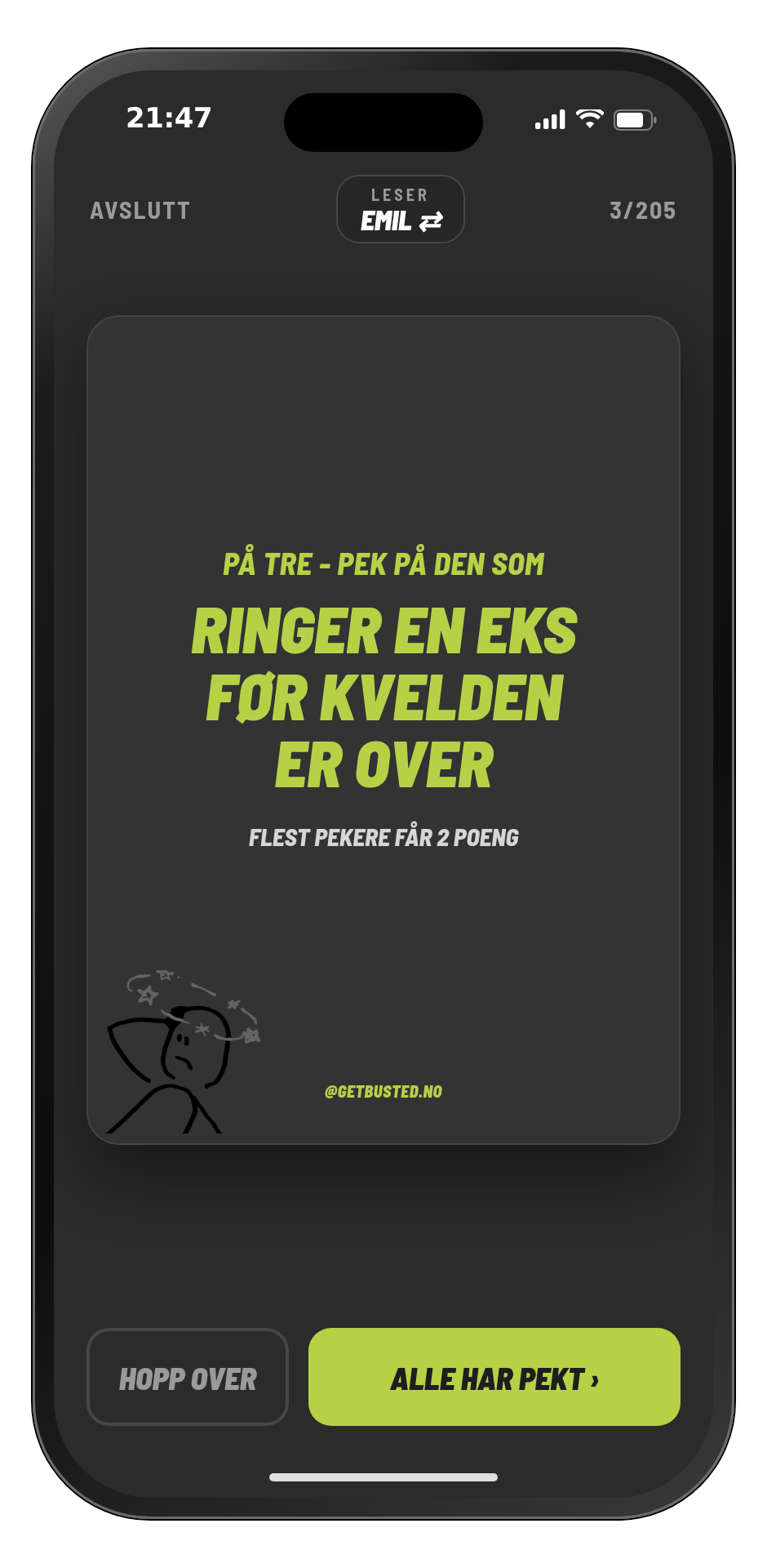 Get Busted i bruk: et kort med teksten «På tre - pek på den som ringer en eks før kvelden er over»